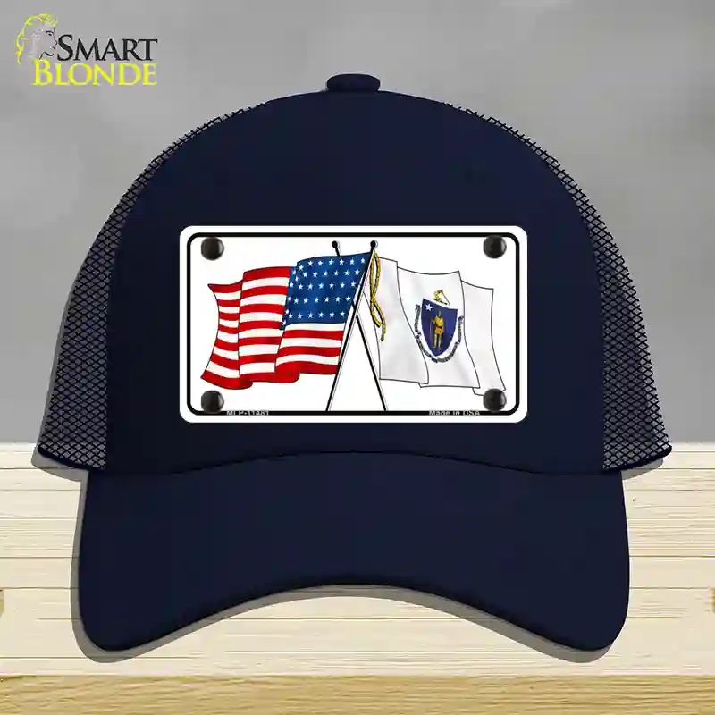 HAT16-MLP-11481 Massachusetts Crossed US Flag Novelty License Plate Hat, Mesh - Navy