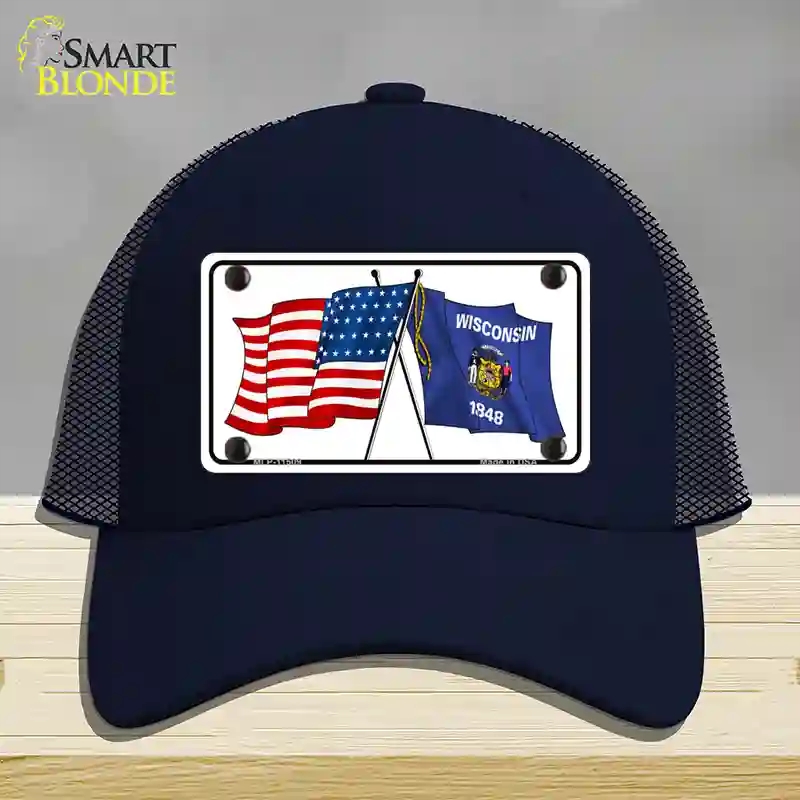 HAT16-MLP-11509 Wisconsin Crossed US Flag Novelty License Plate Hat, Mesh - Navy