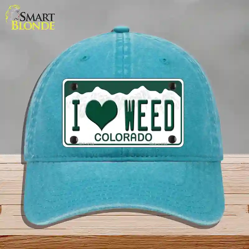 HAT10-MLP-12156 I Love Weed Colorado Novelty License Plate Hat, Unconstructed Cotton - Lake Blue