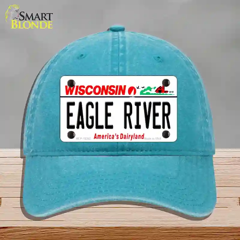 HAT10-MLP-12282 Wisconsin Eagle River Novelty License Plate Hat, Unconstructed Cotton - Lake Blue