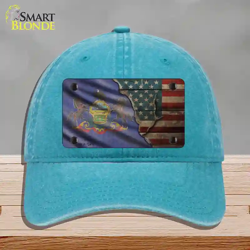 HAT10-MLP-12417 Pennsylvania & American Flag Novelty License Plate Hat, Unconstructed Cotton - Lake Blue