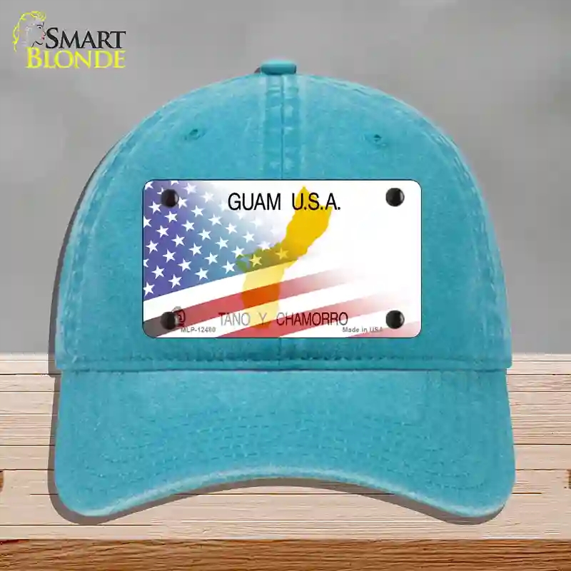 HAT10-MLP-12480 Guam with American Flag Novelty License Plate Hat, Unconstructed Cotton - Lake Blue