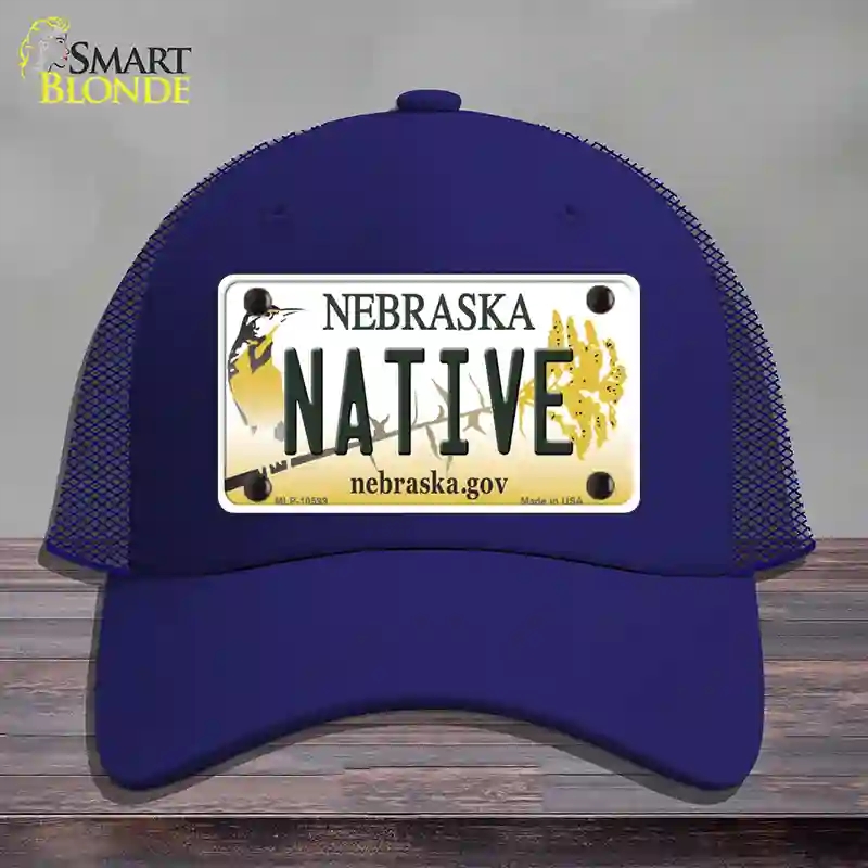 HAT18-MLP-10599 Native Nebraska Novelty License Plate Hat, Mesh - Royal Blue
