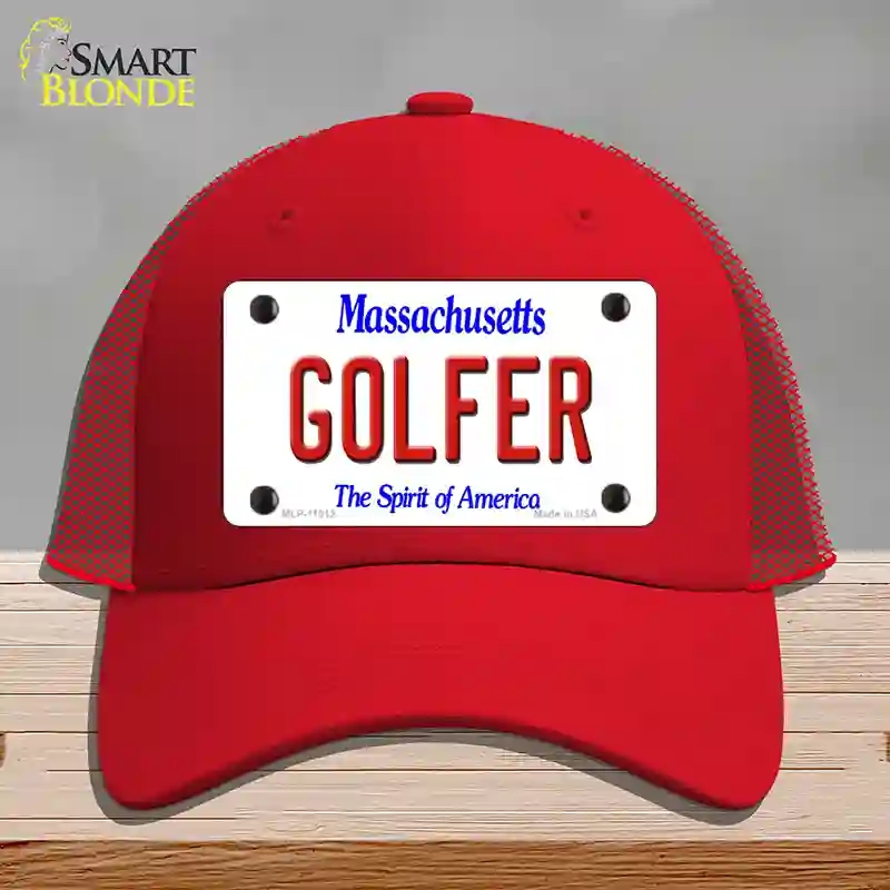 HAT17-MLP-11012 Golfer Massachusetts Novelty License Plate Hat, Mesh - Red