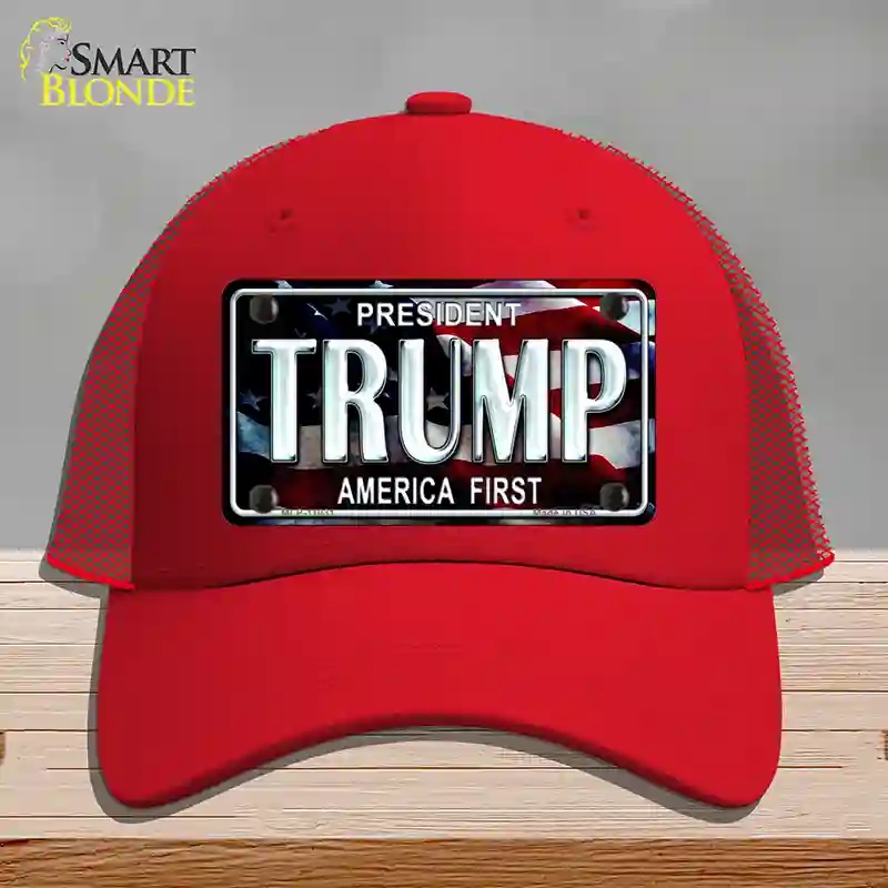 HAT17-MLP-11031 Trump America First Novelty License Plate Hat, Mesh - Red