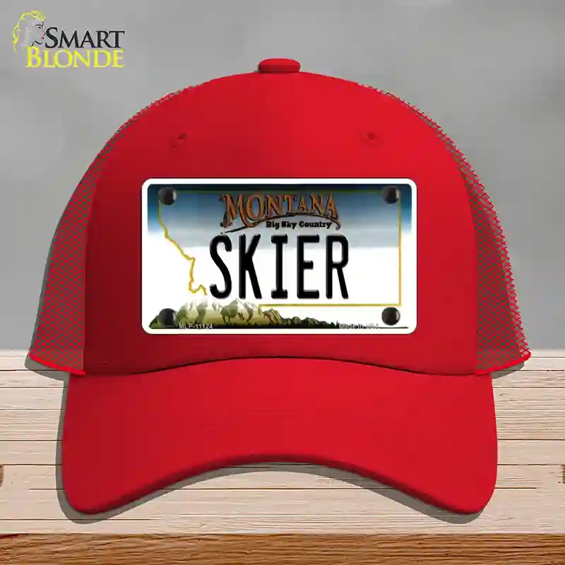 HAT17-MLP-11124 Skier Montana State Novelty License Plate Hat, Mesh - Red