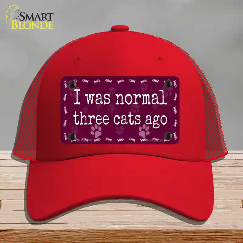 HAT17-MLP-11306 I Was Normal Three Cats Ago Novelty License Plate Hat, Mesh - Red