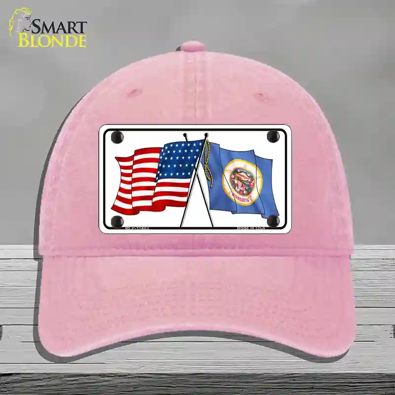 HAT12-MLP-11483 Minnesota Crossed US Flag Novelty License Plate Hat, Unconstructed Cotton - Pink