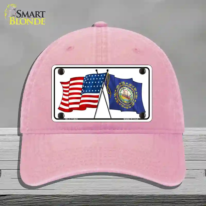 HAT12-MLP-11489   Hampshire Crossed US Flag Novelty License Plate Hat, Unconstructed Cotton - Pink
