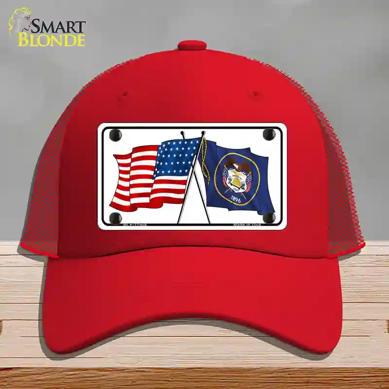 HAT17-MLP-11504 Utah Crossed US Flag Novelty License Plate Hat, Mesh - Red