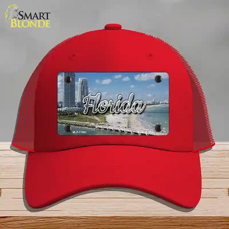 HAT17-MLP-11592 Florida White Sand Beach State Novelty License Plate Hat, Mesh - Red