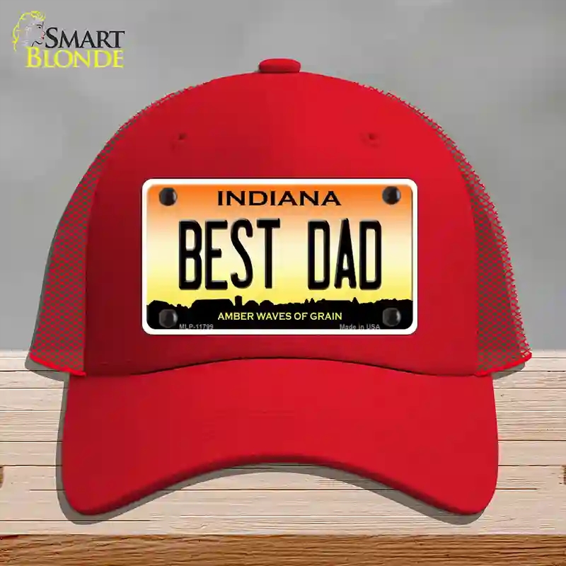 HAT17-MLP-11799 Best Dad Indiana Novelty License Plate Hat, Mesh - Red