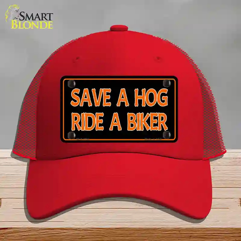 HAT17-MLP-1193 Save a Hog Ride a Biker Novelty License Plate Hat, Mesh - Red