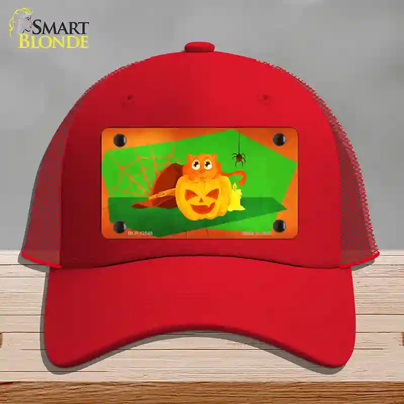 HAT17-MLP-12048 Pumpkin Kitty Novelty License Plate Hat, Mesh - Red
