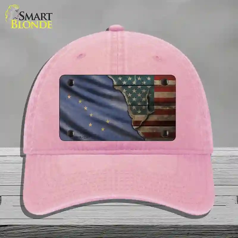 HAT12-MLP-12381 Alaska & American Flag Novelty License Plate Hat, Unconstructed Cotton - Pink