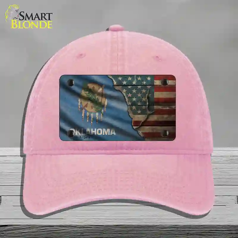 HAT12-MLP-12415 Oklahoma & American Flag Novelty License Plate Hat, Unconstructed Cotton - Pink