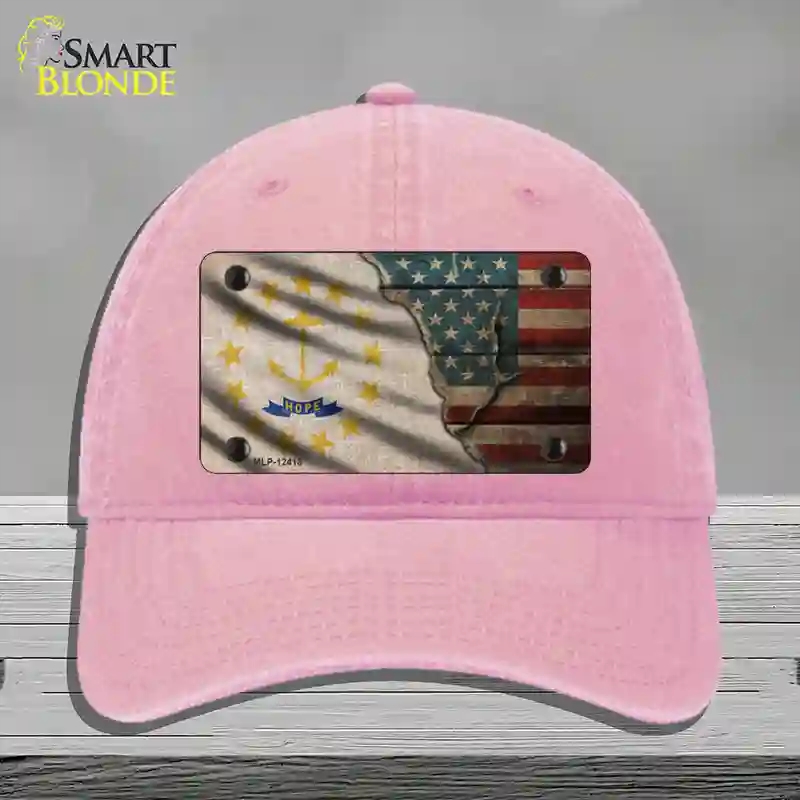 HAT12-MLP-12418 Rhode Island & American Flag Novelty License Plate Hat, Unconstructed Cotton - Pink