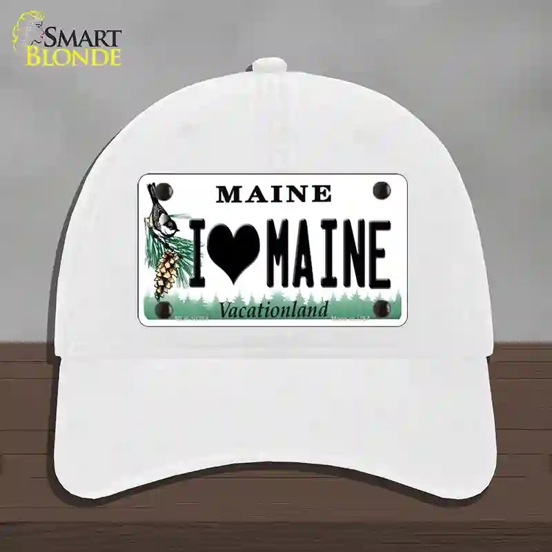 HAT14-MLP-10384 I Love Maine Novelty License Plate Hat, Unconstructed Cotton - White