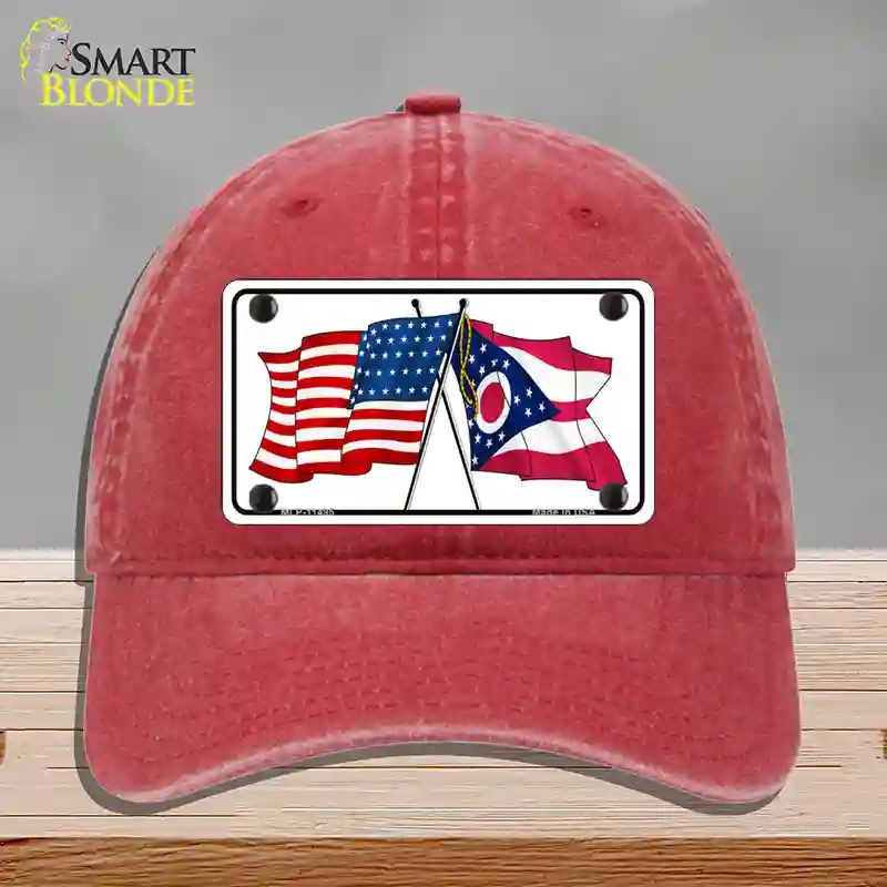 HAT13-MLP-11495 Ohio Crossed US Flag Novelty License Plate Hat, Unconstructed Cotton - Red
