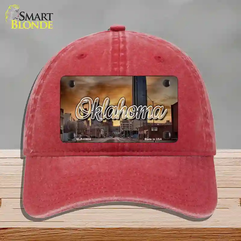 HAT13-MLP-11624 Oklahoma Sunset Skyline State Novelty License Plate Hat, Unconstructed Cotton - Red