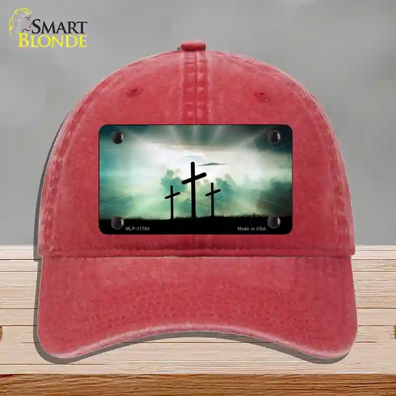 HAT13-MLP-11794 Crosses in the Sun Blue Novelty License Plate Hat, Unconstructed Cotton - Red