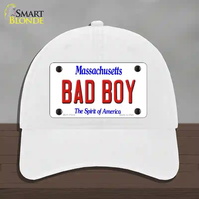 HAT14-MLP-11015 Bad Boy Massachusetts Novelty License Plate Hat, Unconstructed Cotton - White