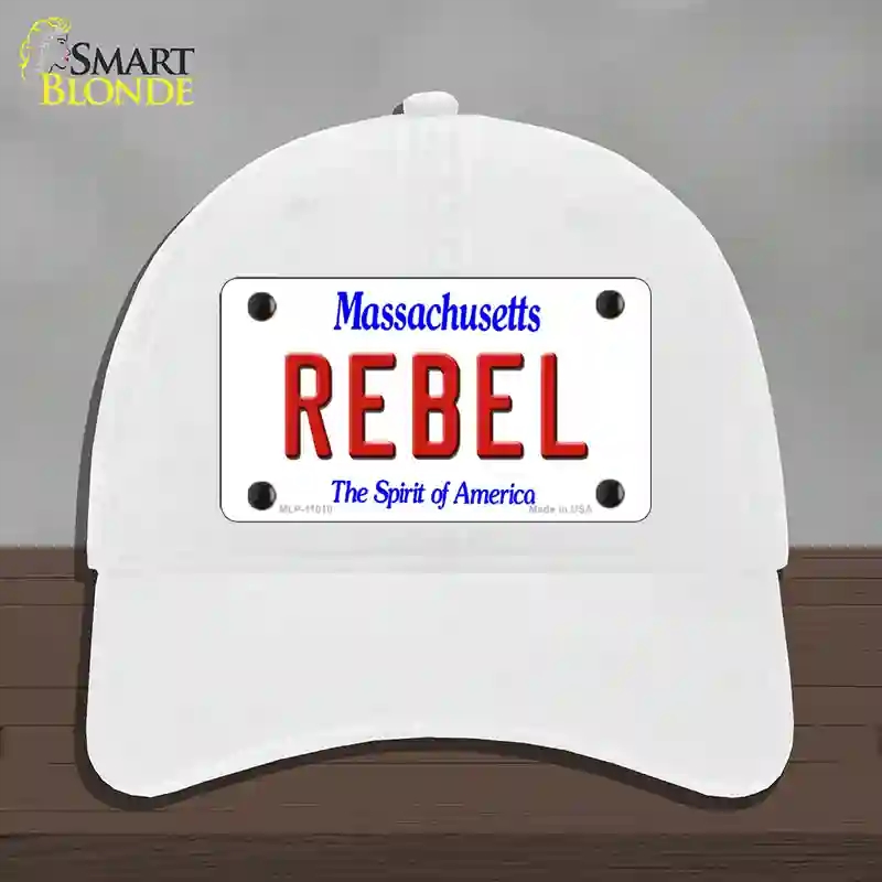HAT14-MLP-11018 Rebel Massachusetts Novelty License Plate Hat, Unconstructed Cotton - White