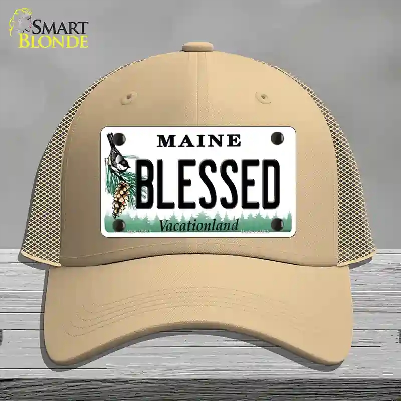 HAT15-MLP-10417 Blessed Maine Novelty License Plate Hat, Mesh - Khaki