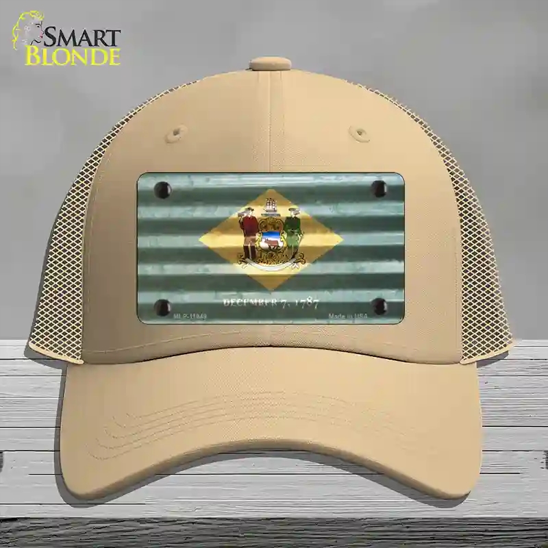 HAT15-MLP-11949 Delaware Corrugated Flag Novelty License Plate Hat, Mesh - Khaki