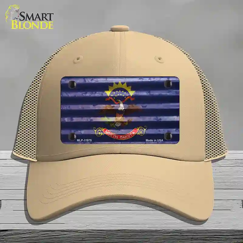HAT15-MLP-11975 North Dakota Corrugated Flag Novelty License Plate Hat, Mesh - Khaki