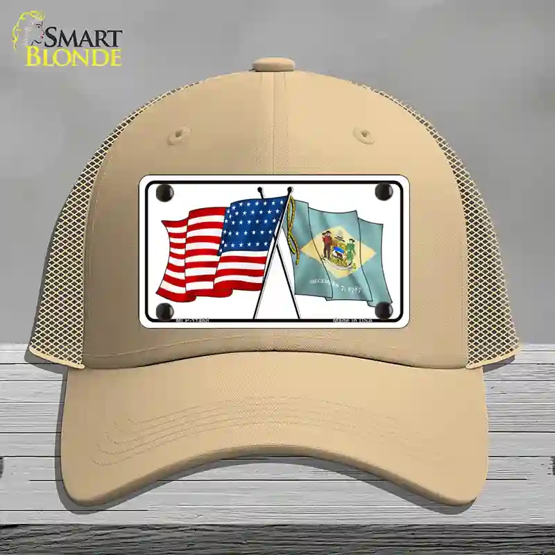 HAT15-MLP-11468 Delaware Crossed US Flag Novelty License Plate Hat, Mesh - Khaki