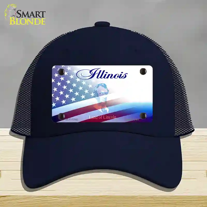 HAT16-MLP-12342 Illinois with American Flag Novelty License Plate Hat, Mesh - Navy