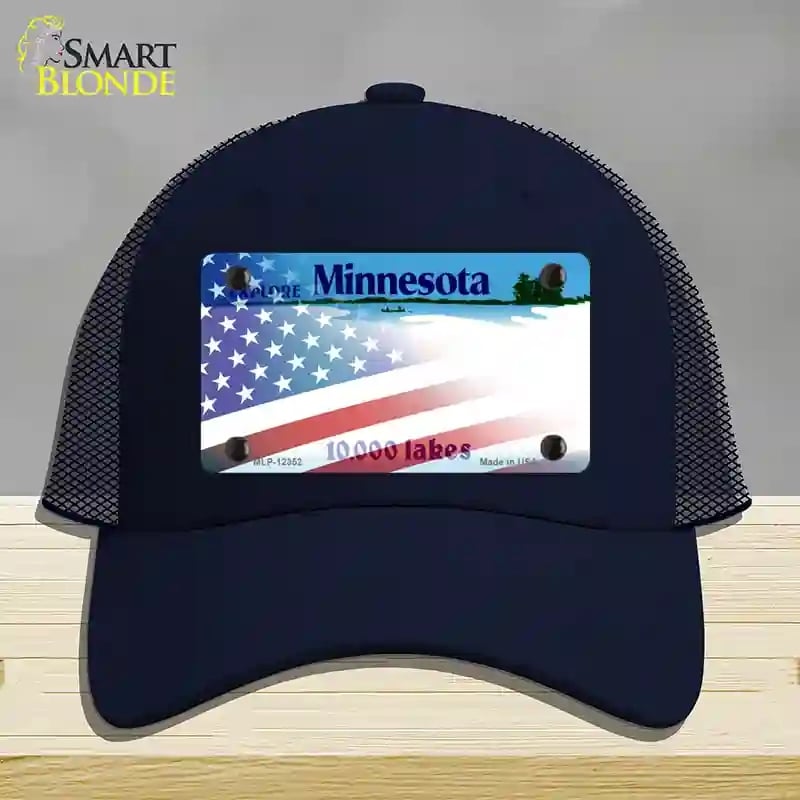 HAT16-MLP-12352 Minnesota with American Flag Novelty License Plate Hat, Mesh - Navy