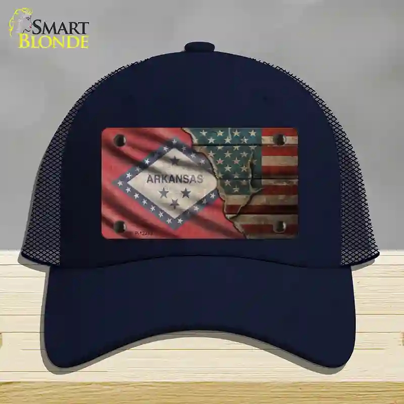 HAT16-MLP-12383 Arkansas & American Flag Novelty License Plate Hat, Mesh - Navy