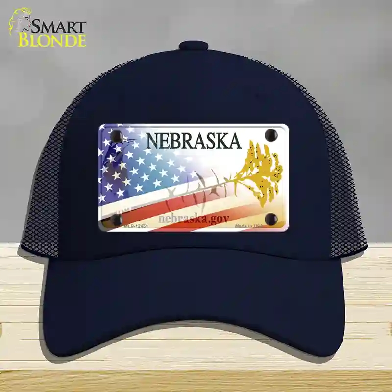 HAT16-MLP-12451 Nebraska American Flag Novelty License Plate Hat, Mesh - Navy