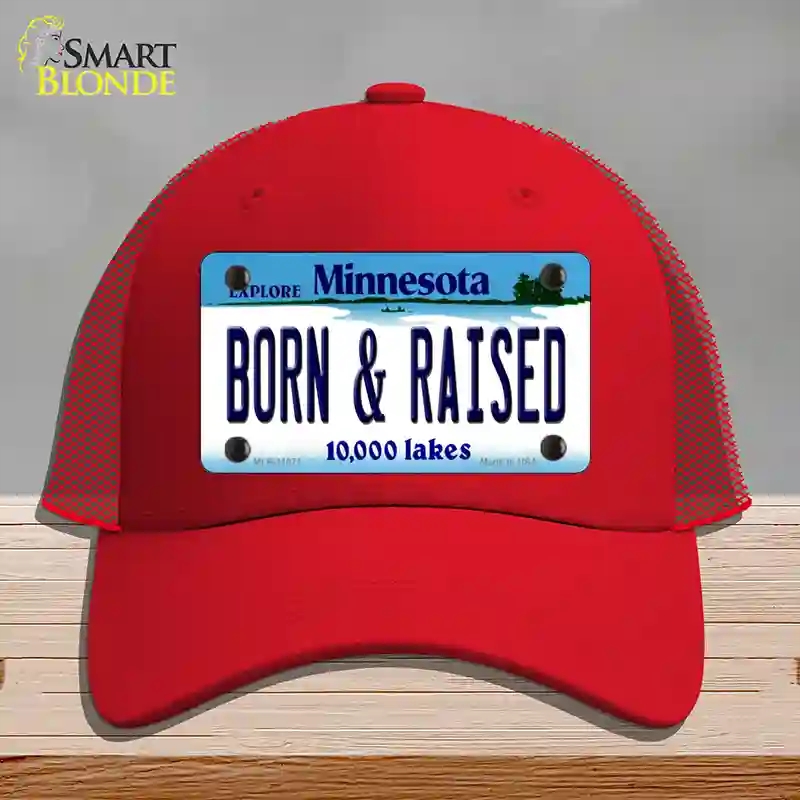 HAT17-MLP-11071 Born & Raised Minnesota State Novelty License Plate Hat, Mesh - Red