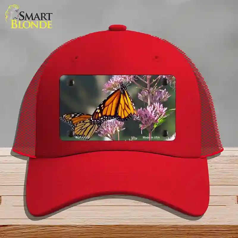 HAT17-MLP-11234 Butterfly Monarch on Flower Novelty License Plate Hat, Mesh - Red