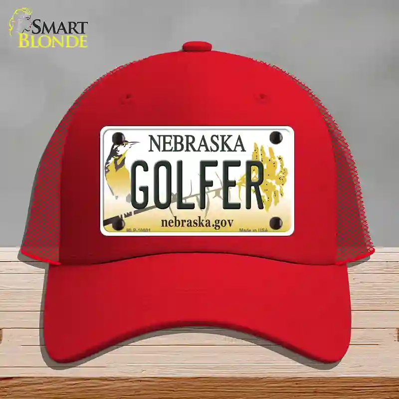 HAT17-MLP-10601 Golfer Nebraska Novelty License Plate Hat, Mesh - Red