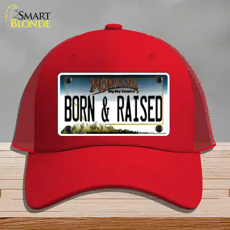 HAT17-MLP-11129 Born & Raised Montana State Novelty License Plate Hat, Mesh - Red
