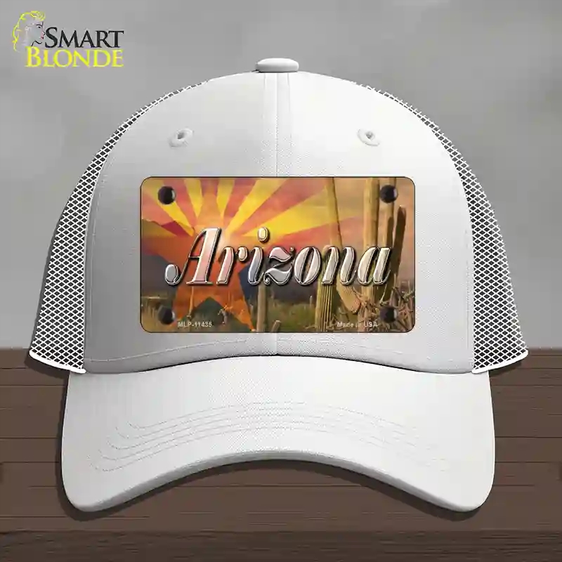 HAT19-MLP-11435 Arizona State Flag Overlay on Cactus Novelty License Plate Hat, Mesh - White