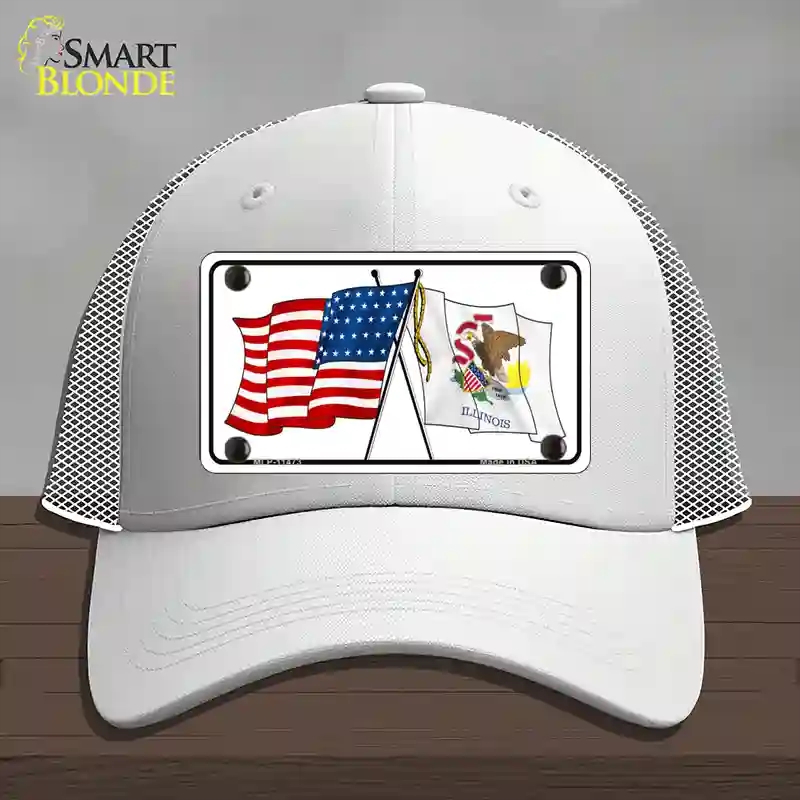 HAT19-MLP-11473 Illinois Crossed US Flag Novelty License Plate Hat, Mesh - White