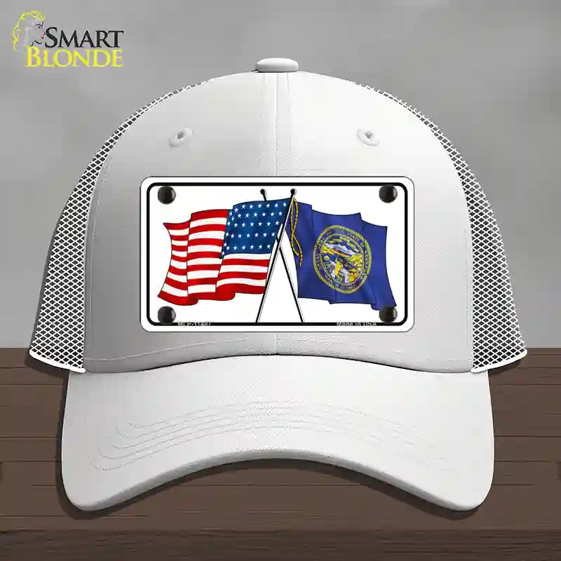 HAT19-MLP-11487 Nebraska Crossed US Flag Novelty License Plate Hat, Mesh - White