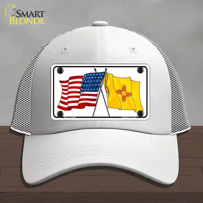 HAT19-MLP-11491   Mexico Crossed US Flag Novelty License Plate Hat, Mesh - White