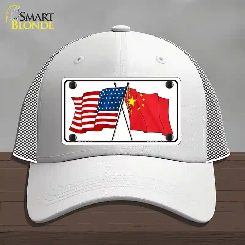 HAT19-MLP-11521 China Crossed US Flag Novelty License Plate Hat, Mesh - White