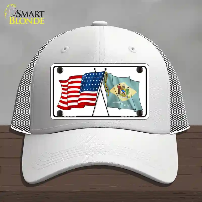 HAT19-MLP-11468 Delaware Crossed US Flag Novelty License Plate Hat, Mesh - White
