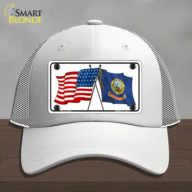 HAT19-MLP-11472 Idaho Crossed US Flag Novelty License Plate Hat, Mesh - White