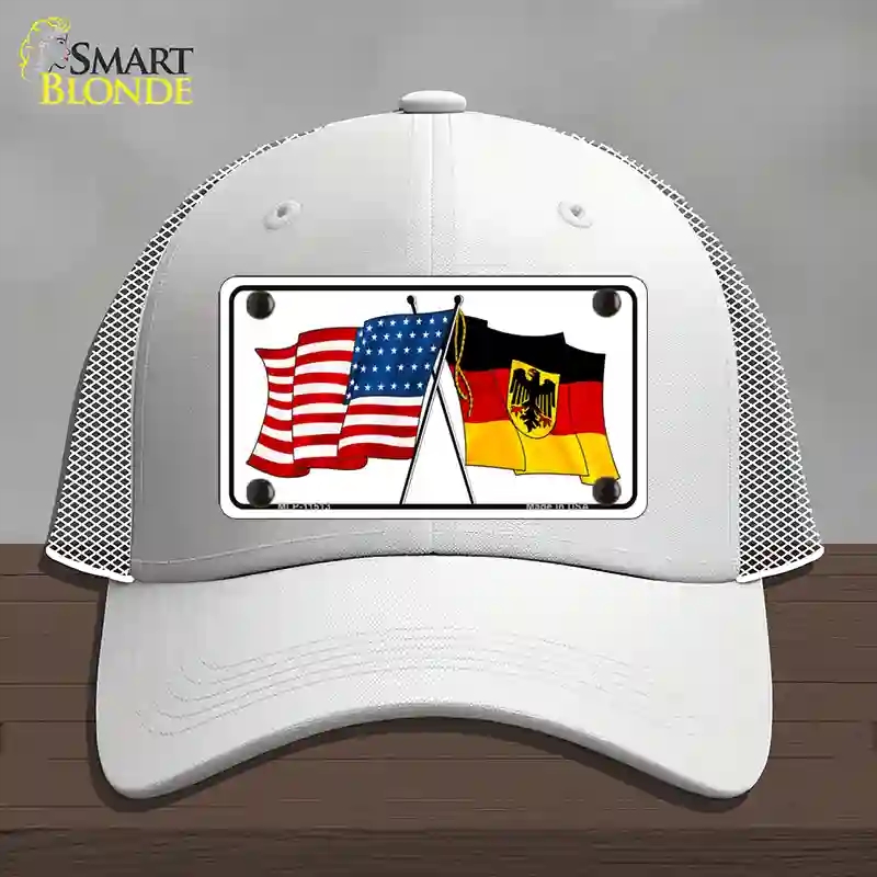 HAT19-MLP-11513 Germany Crossed US Flag Novelty License Plate Hat, Mesh - White