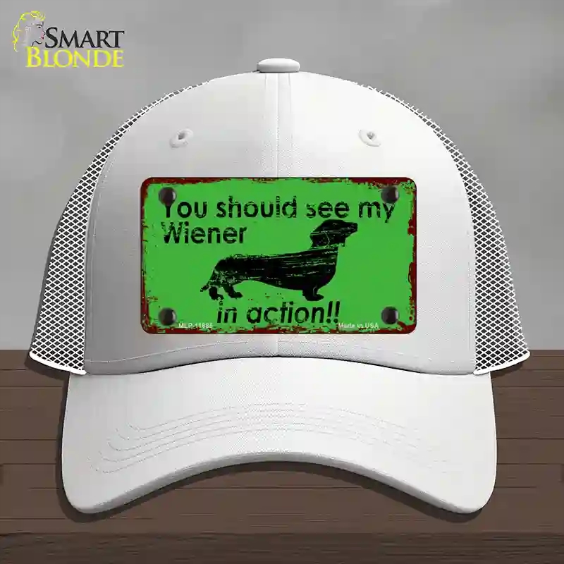 HAT19-MLP-11685 Wiener in Action Novelty License Plate Hat, Mesh - White