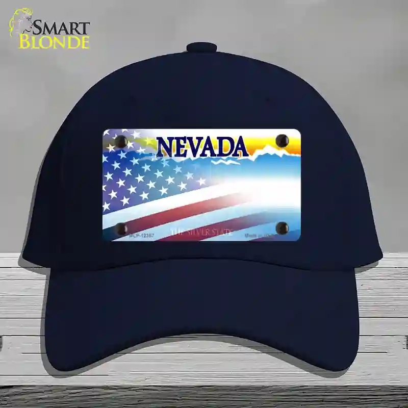 HAT20-MLP-12357 Nevada with American Flag Novelty License Plate Hat, Cotton - Navy
