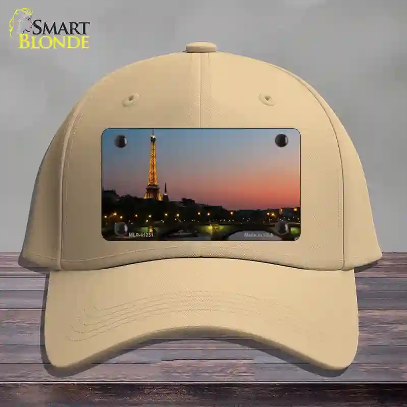 HAT22-MLP-11251 Eiffel Tower Night with River & Bridge Novelty License Plate Hat, Cotton - Khaki